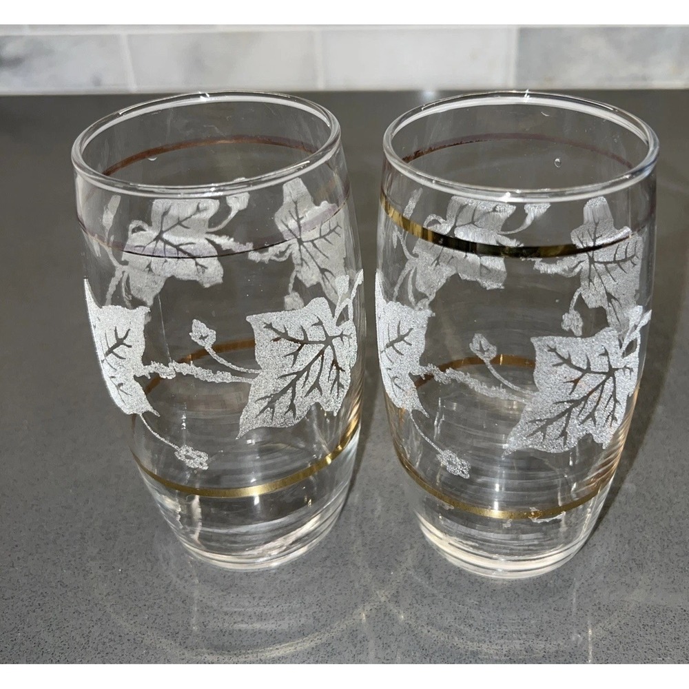 SET OF 2 Vtg (1940's) BARTLETT COLLINS Flat Tumbler; Embossed Grape Vines 5.5"